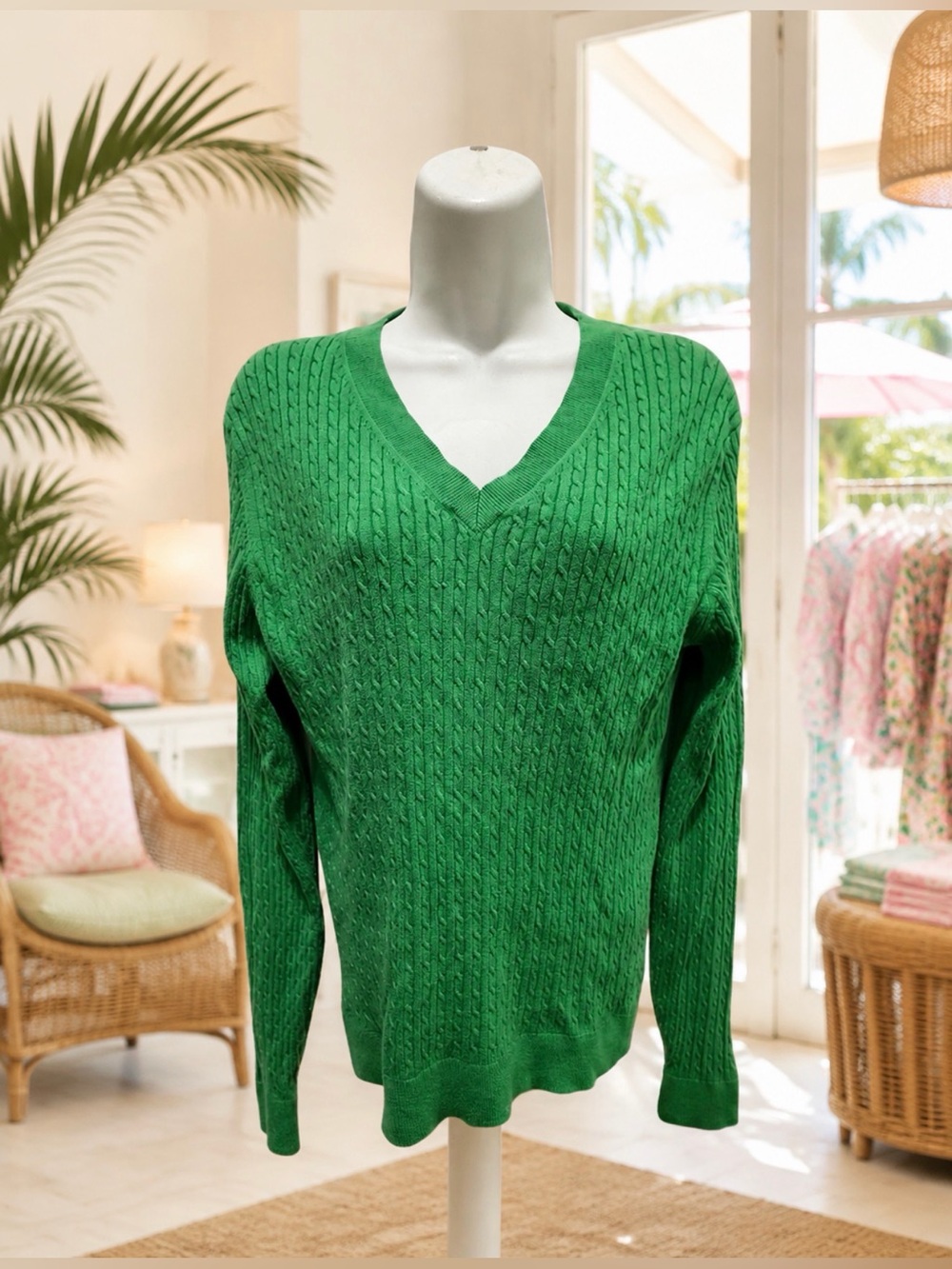 Lilly Pulitzer Vibrant Green v neck cotton blend sweater size medium